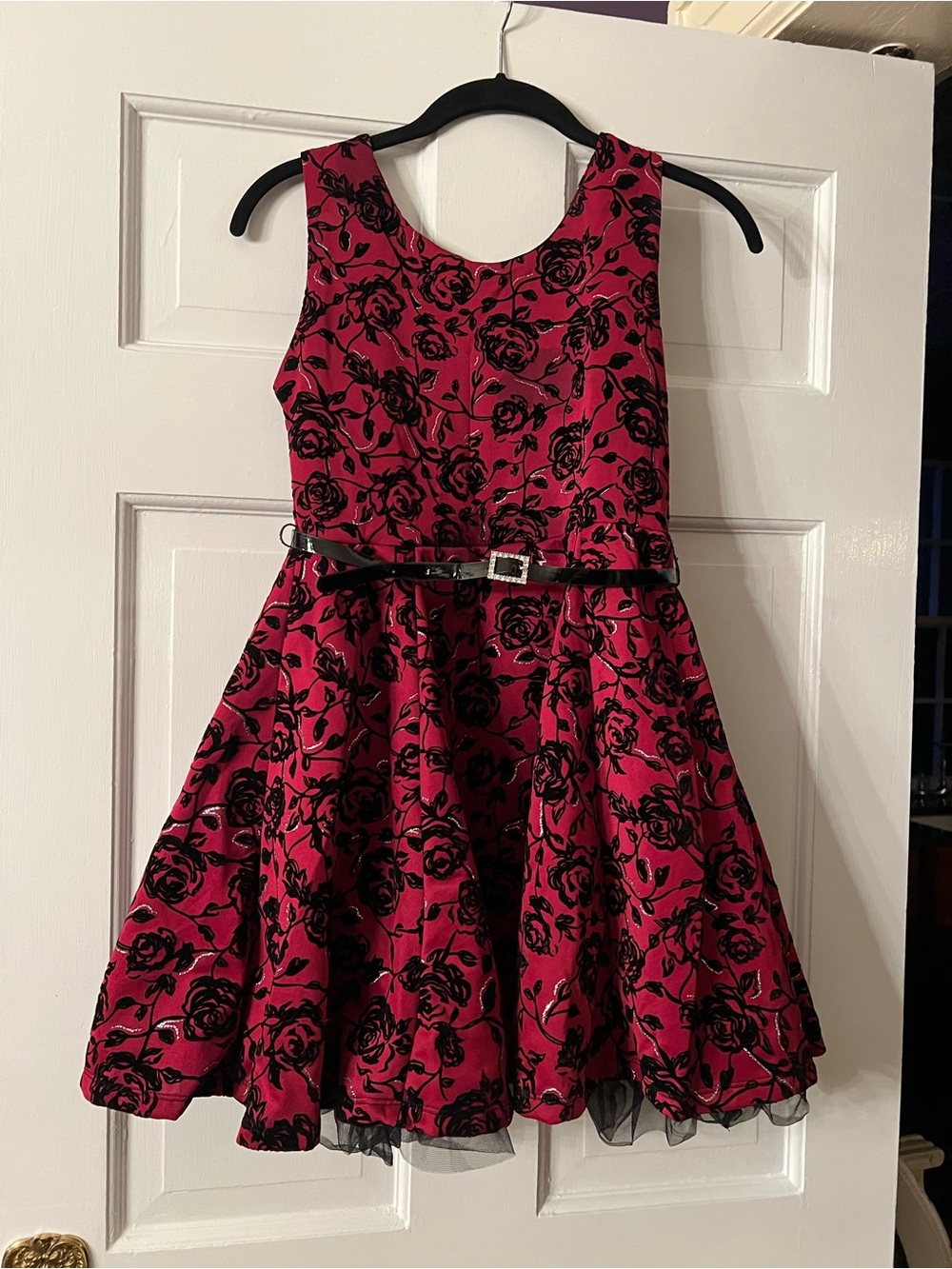 Knitworks Hot Pink Floral Jacquard Party Dress with Black Belt